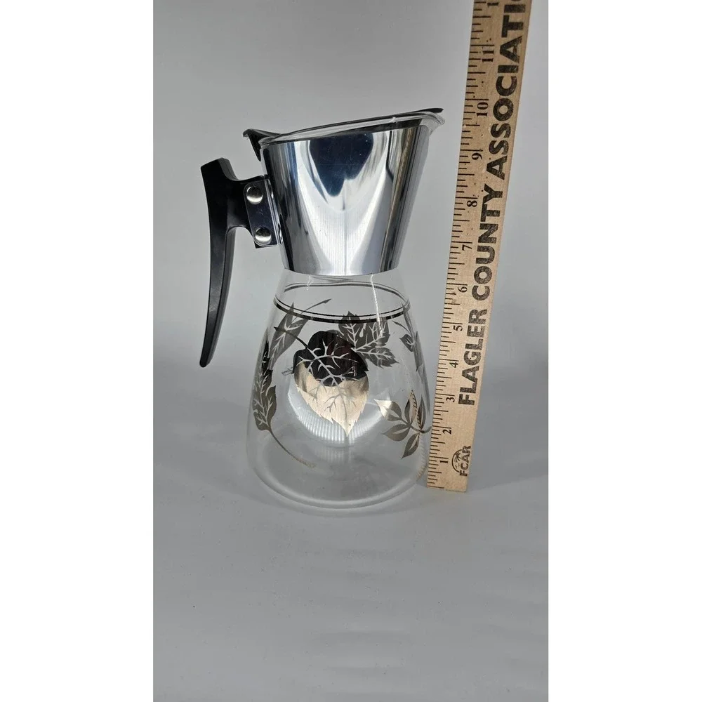 Vintage Colony‎ Silver Leaf Glass Coffee Carafe Heatproof MCM Server USA Chrome